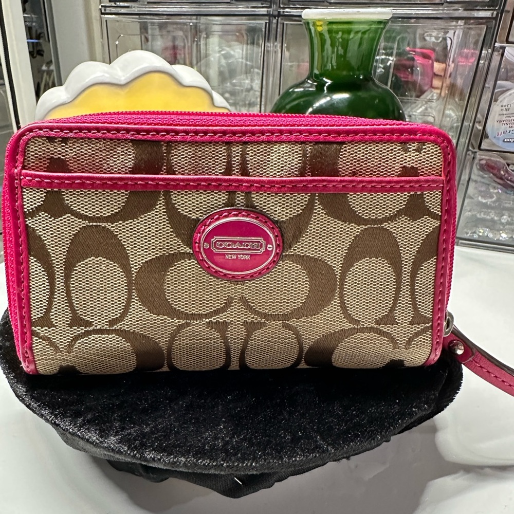 Coach Tan and Brown Signature Wristlet
